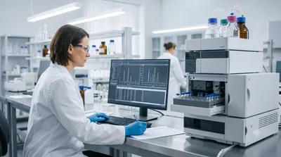 A female scientist in a white lab coat and blue gloves reviews chromatographic data on a computer monitor while writing notes on a document next to a modern HPLC instrument in a brightly lit, clean pharmaceutical laboratory.