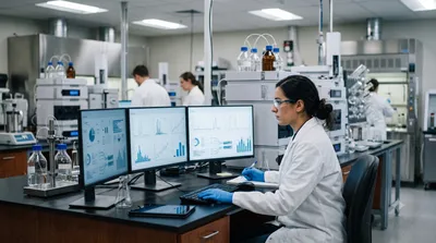 A technician in a lab coat reviews chromatography data system screens at a workstation in an analytical laboratory.