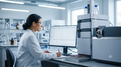 Analytical scientist in a lab coat reviewing a chromatogram on a monitor beside an LC-MS instrument.