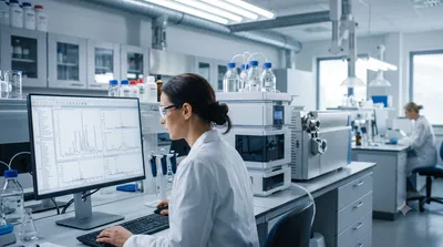 Scientist reviewing LC-MS chromatogram data beside a mass spectrometer in an analytical lab.
