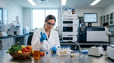 Gloved scientist preparing food testing samples beside a chromatography and mass spectrometry bench.