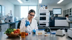 Gloved scientist preparing food testing samples beside a chromatography and mass spectrometry bench.