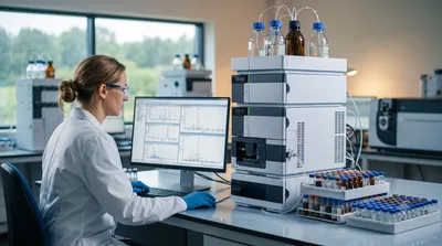 Analytical chemist reviewing LC-MS/MS chromatogram data on a monitor in an environmental testing laboratory.