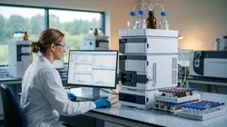Analytical chemist reviewing LC-MS/MS chromatogram data on a monitor in an environmental testing laboratory.