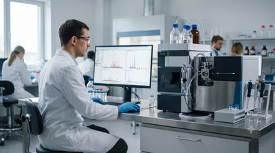 Clinical laboratory scientist reviewing an LC-MS/MS chromatogram on a monitor in a mass spectrometry lab.