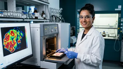 An analytical scientist at a mass spectrometer sample stage holding a tissue section slide, with a false-colour molecular distribution map on the monitor beside them.
