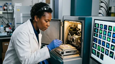 A mass spectrometrist inspects the open source region of a MALDI imaging instrument holding a matrix-coated tissue section, with tiled ion images on the monitor beside them.