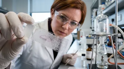 A gloved hand holds a tissue section slide coated with fine crystalline MALDI matrix, with a scientist inspecting the coating behind it.