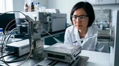 A DESI ion source directing a fine solvent spray at a tissue section on a glass slide in open air, with a scientist observing behind it.