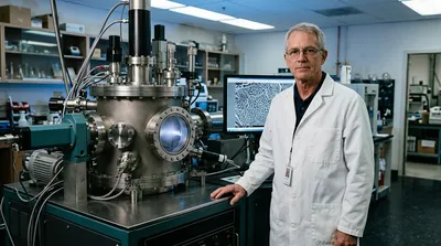 A materials analyst beside a secondary ion mass spectrometry instrument with a heavy vacuum chamber, a greyscale ion map on the monitor alongside.