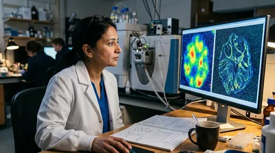 A scientist compares two ion images on a monitor, one coarse with strong signal and one finely detailed but faint, illustrating the resolution and sensitivity trade-off.