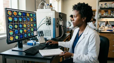 A metabolomics scientist studies a monitor showing a grid of many molecular distribution maps from one tissue section, annotated list in hand.