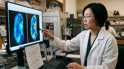 A lipidomics scientist points at the difference between two nearly identical tissue maps on a monitor, an annotated structure diagram on the bench.