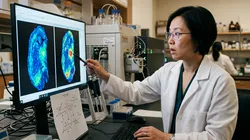 A lipidomics scientist points at the difference between two nearly identical tissue maps on a monitor, an annotated structure diagram on the bench.