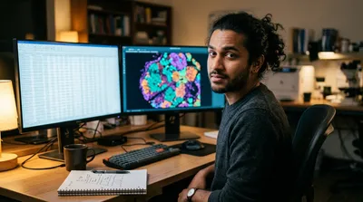 A bioinformatician at two monitors, one showing a long list of candidate metabolite annotations and the other a single tissue map.