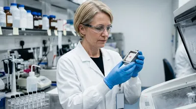 A scientist holds a mould containing a set tissue homogenate block beside a cryostat, with a graded series of vials and sectioned slides on the bench.