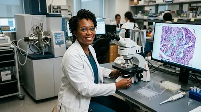 A proteomics scientist at a laser microdissection microscope, with outlined tissue regions on the monitor and a 384-well plate alongside.