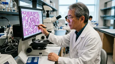 A pathologist traces a boundary around a region of stained tissue on a laser microdissection microscope screen.