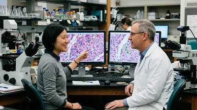 A computational scientist and a pathologist compare two monitors between two microscopes, one showing many segmented cell outlines and one showing a selected few.