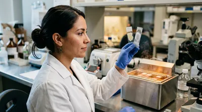 A histology specialist compares a paraffin-embedded slide against a frozen section slide, with a heated retrieval bath on the bench behind them.