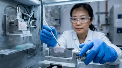 Gloved hands guide a fine brush toward a freshly cut, thin tissue section on a cryostat blade, with a scientist watching closely behind.