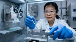 Gloved hands guide a fine brush toward a freshly cut, thin tissue section on a cryostat blade, with a scientist watching closely behind.