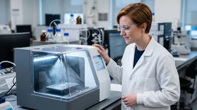 A mass spectrometrist watches an automated sprayer apply an even matrix mist to a tissue section inside an enclosed chamber.