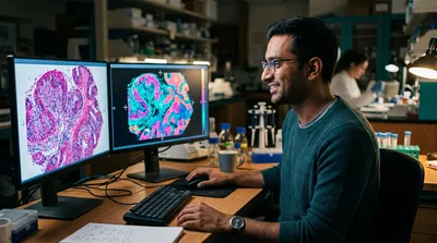 A bioinformatician reviews an H&E-stained tissue image and a molecular distribution map on two monitors, with corresponding alignment markers visible on both.