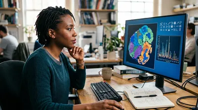 A bioinformatician reviews a segmented tissue image and a peak-labelled spectrum on a monitor, a flowchart sketched in a notebook beside them.
