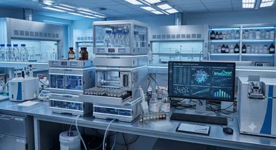 Laboratory featuring HPLC instrumentation and data analysis setup