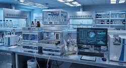 Laboratory featuring HPLC instrumentation and data analysis setup