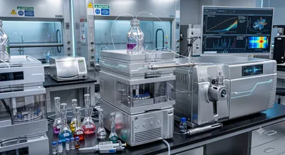 HPLC system setup with fluorescent and UV detectors.