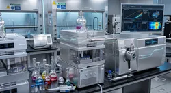 HPLC system setup with fluorescent and UV detectors.