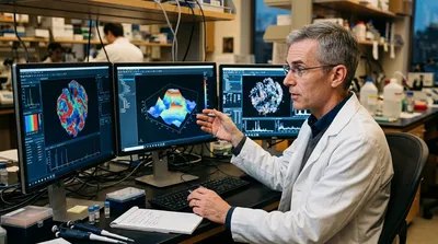 A mass spectrometrist compares the same molecular image rendered in three different software applications across three monitors.