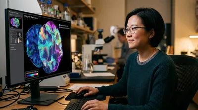 A systems biologist reviews two overlaid tissue maps, one showing metabolite distribution and one gene expression, on a monitor.