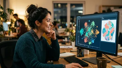 A data scientist reviews a cluster plot alongside a matching tissue image with corresponding coloured regions on a monitor.