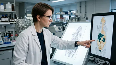 A DMPK scientist compares a whole-body tissue section on a light box with a molecular distribution map on a monitor showing separate regions for parent compound and metabolite.