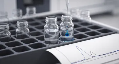 Pipetting a blue liquid into a sample vial for HPLC analysis