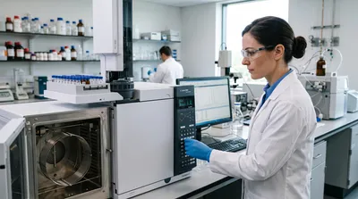 A female scientist in a white lab coat and safety glasses operates a modern gas chromatograph with an open column oven in a clean laboratory.