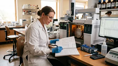 A lab analyst in a white coat reviews method parameters in a notebook at a gas chromatography workstation.