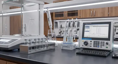 Analytical laboratory with HPLC instruments and pipettes for measurement uncertainty.
