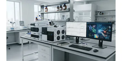 Liquid chromatography mass spectrometry instrument processing predictive biochemical data.