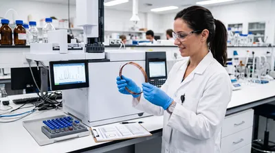 A laboratory scientist examines an analytical GC column at a workstation, with column specification documents and sample vials on the bench.