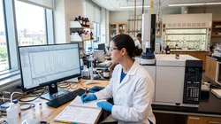 A scientist reviews gas chromatography method parameter setpoints on an instrument control monitor in a modern analytical laboratory.