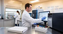 Chemist performing PFAS laboratory testing at a workstation.