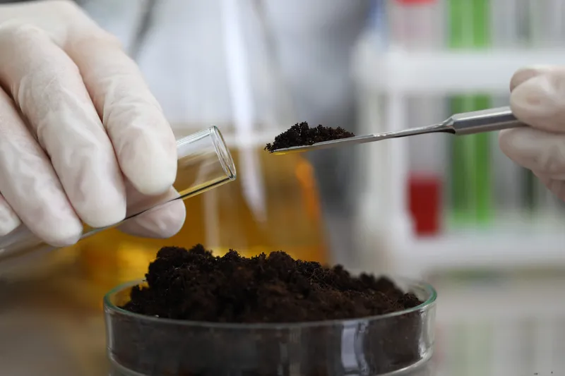 Scientist adding soil to test tube for PFAS sample preparation