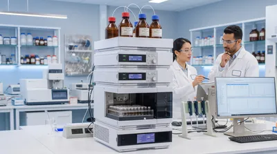 Laboratory researchers with HPLC system discussing matrix effects