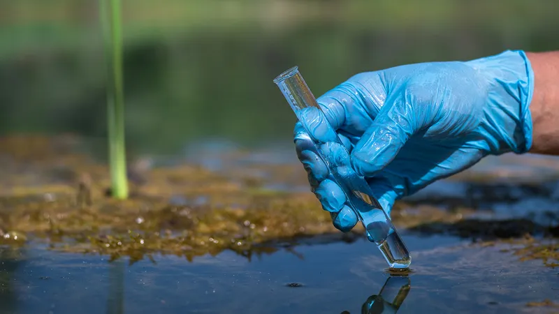 Scientist's gloved hand holiding water sample in test tube from outdoor water source