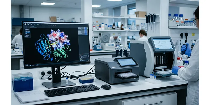 Computational protein design workstation displaying protein structure software, alongside a biosensor instrument and a scientist pipetting in an analytical lab.