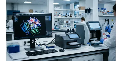 Computational protein design workstation displaying protein structure software, alongside a biosensor instrument and a scientist pipetting in an analytical lab.
